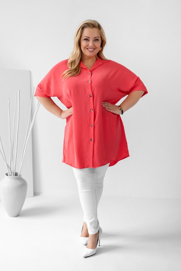 Koszula damska tunika plus size w kolorze koralowym krótki rękaw guziki Almira 2