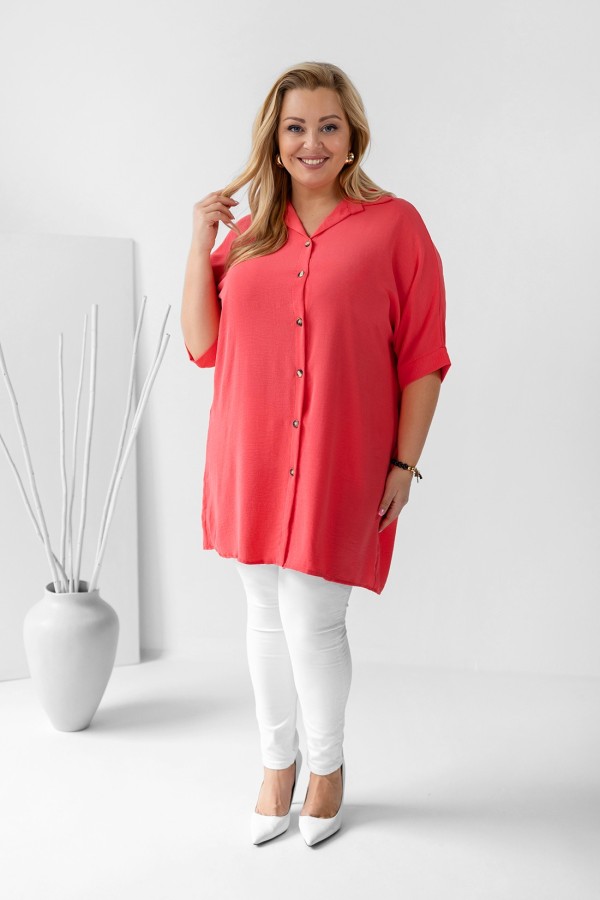 Koszula damska tunika plus size w kolorze koralowym krótki rękaw guziki Almira 1