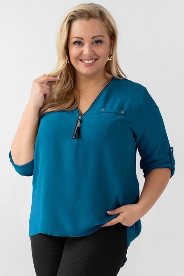 Elegancka bluzka koszula w kolorze morskim dekolt zamek ZIP secret 2