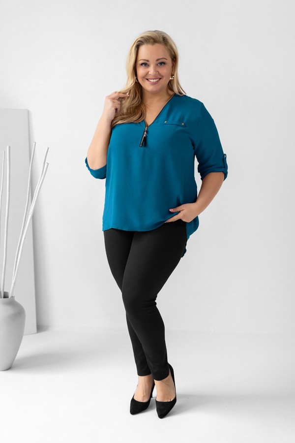 Elegancka bluzka koszula w kolorze morskim dekolt zamek ZIP secret 1