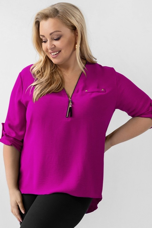 Elegancka bluzka koszula w kolorze magenta dekolt zamek ZIP secret 2