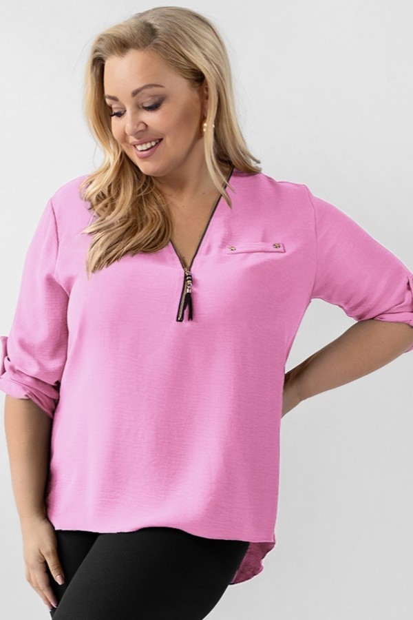 Elegancka bluzka koszula w kolorze jasno różowym dekolt zamek ZIP secret 2