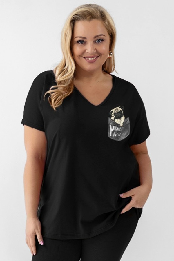 T-shirt damski plus size w kolorze czarnym dekolt w serek nadruk piesek pocket