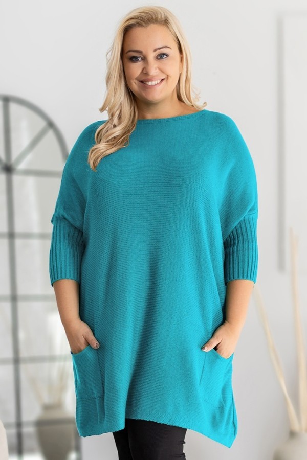 MEGA oversize sweter damski w kolorze turkusowym ściągacze kieszonki GOPI