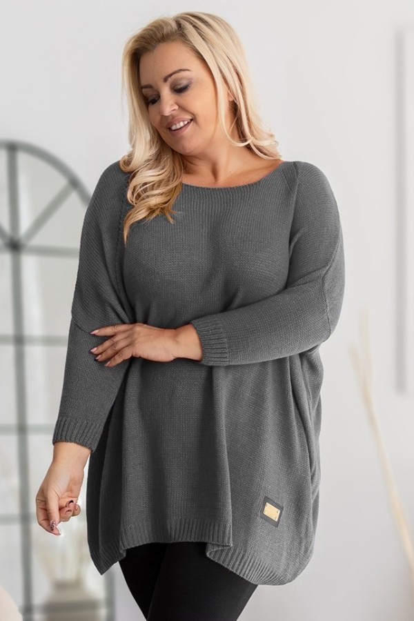 MEGA oversize sweter damski w kolorze ołówkowym ażur naszywka SHAPE