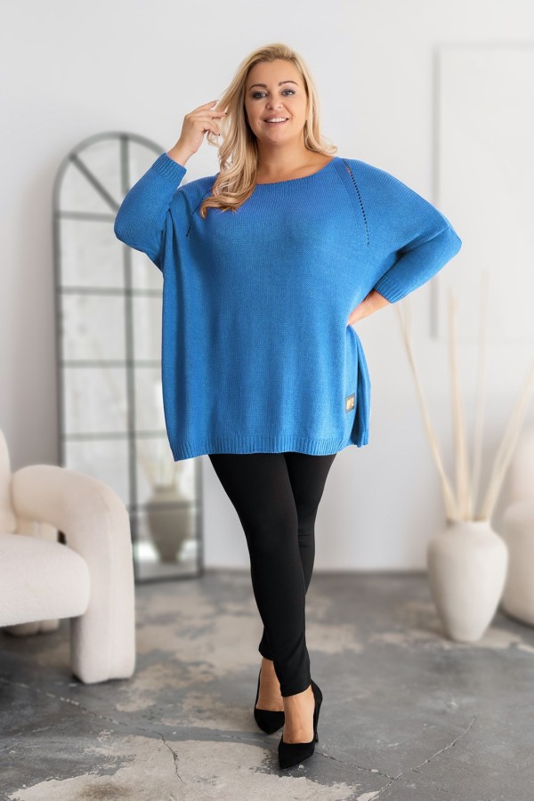 MEGA oversize sweter damski w kolorze niebieskim ażur naszywka SHAPE 1