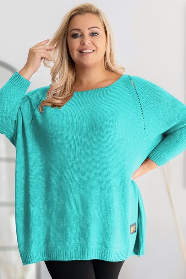 MEGA oversize sweter damski w kolorze miętowym ażur naszywka SHAPE 1