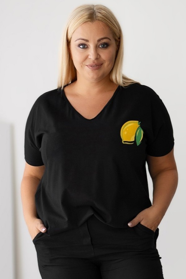 T-shirt damski plus size w kolorze czarnym dekolt w serek V-neck cytryna LEMON