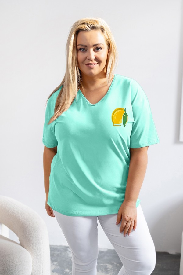 T-shirt damski plus size w kolorze miętowym dekolt w serek V-neck cytryna LEMON 1