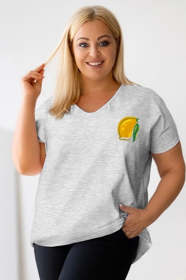 T-shirt damski plus size w kolorze szarym dekolt w serek V-neck cytryna LEMON