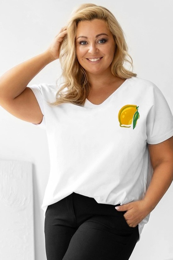 T-shirt damski plus size w kolorze białym dekolt w serek V-neck cytryna LEMON