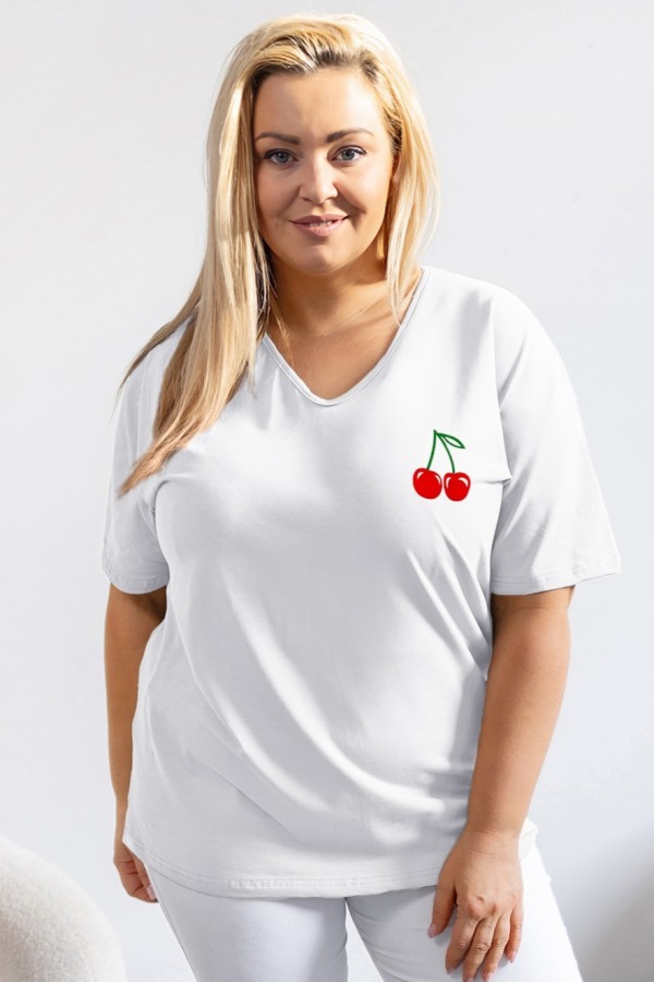 T-shirt damski plus size w kolorze białym dekolt w serek V-neck wiśnie CHERRY