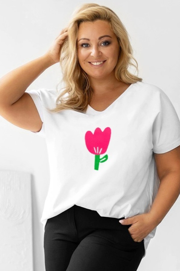 T-shirt damski plus size w kolorze białym dekolt w serek V-neck tulipan TULIP