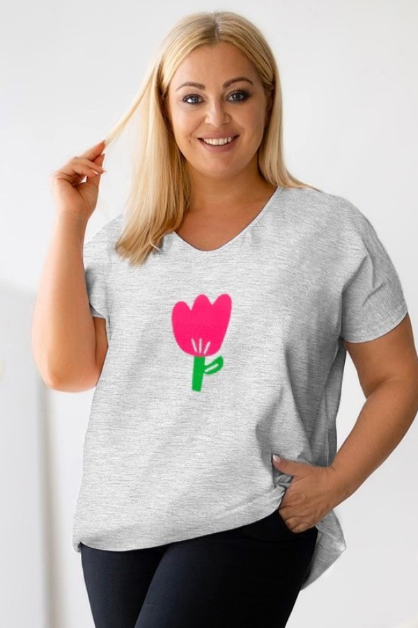 T-shirt damski plus size w kolorze szary melanż dekolt w serek V-neck tulipan TULIP