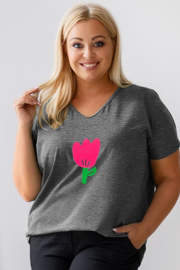 T-shirt damski plus size w kolorze grafitowy melanż dekolt w serek V-neck tulipan TULIP