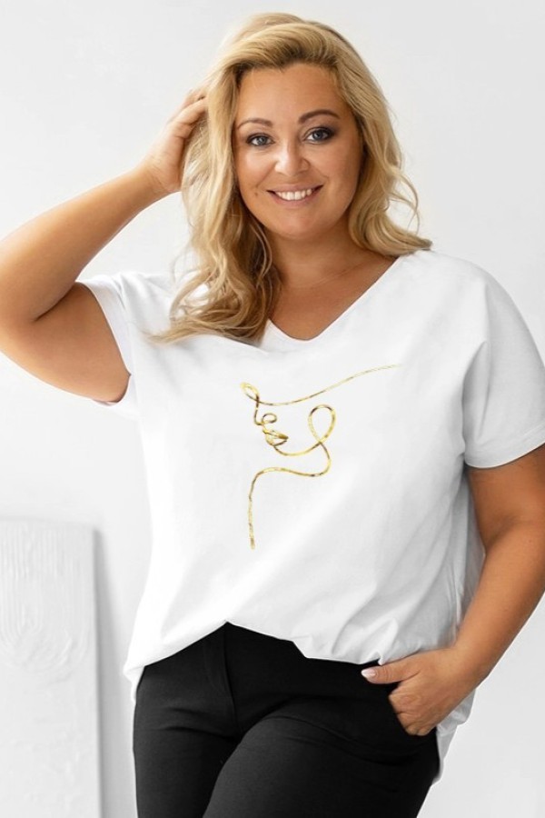 Bluzka damska T-shirt plus size w kolorze białym złoty nadruk line art face Eda