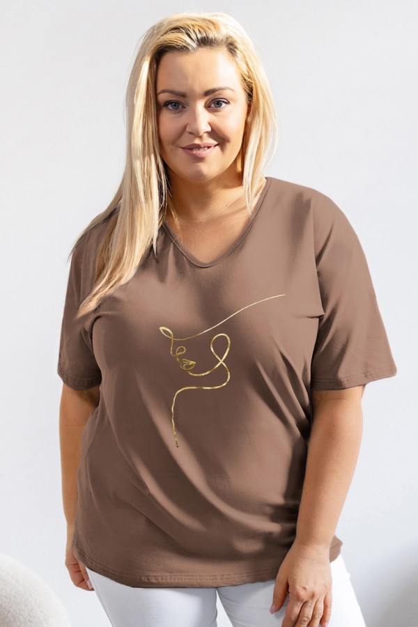Bluzka damska T-shirt plus size w kolorze jasnobrązowym złoty nadruk line art face Eda 2