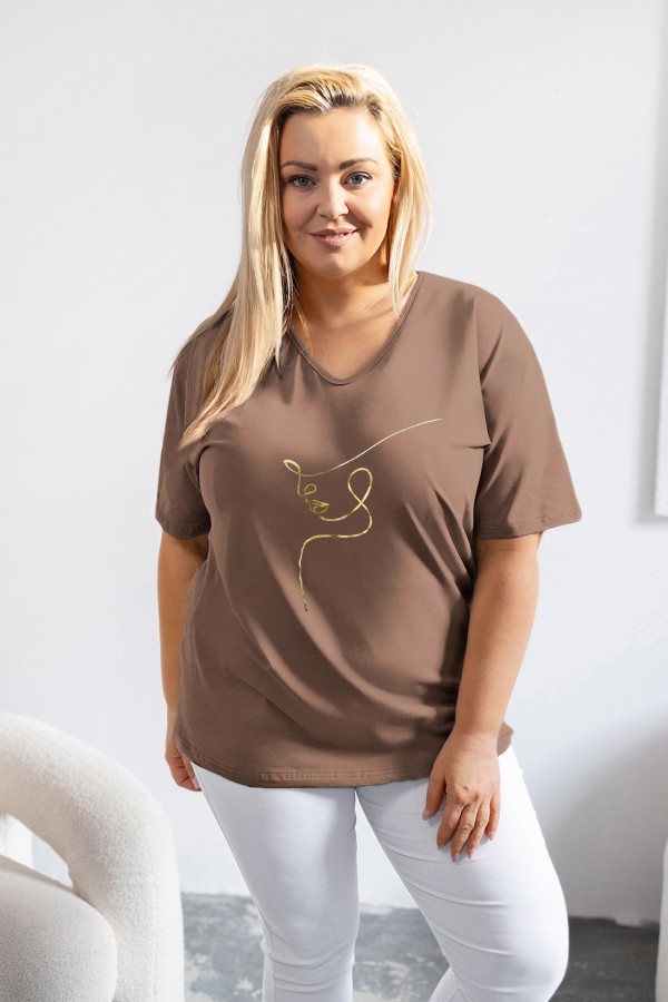 Bluzka damska T-shirt plus size w kolorze jasnobrązowym złoty nadruk line art face Eda 1