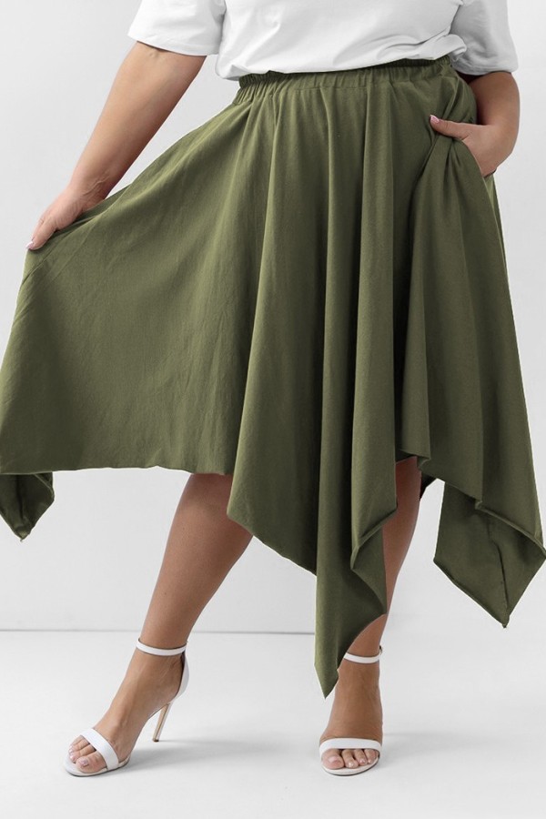 Asymetryczna spódnica plus size w kolorze khaki kieszenie FIESTA