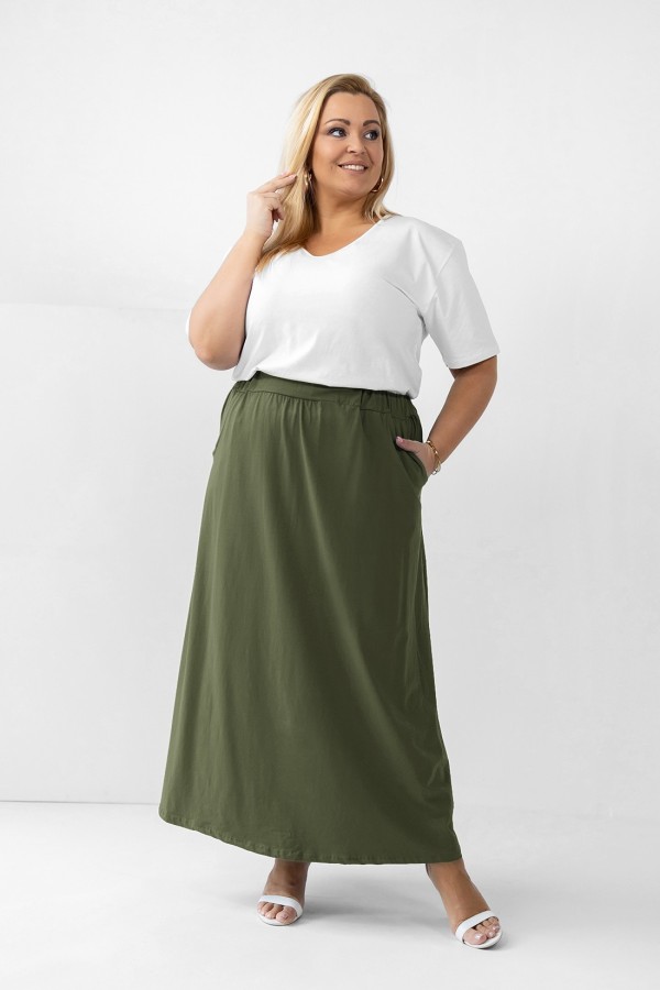 Długa spódnica plus size w kolorze khaki kieszenie VENUS 1