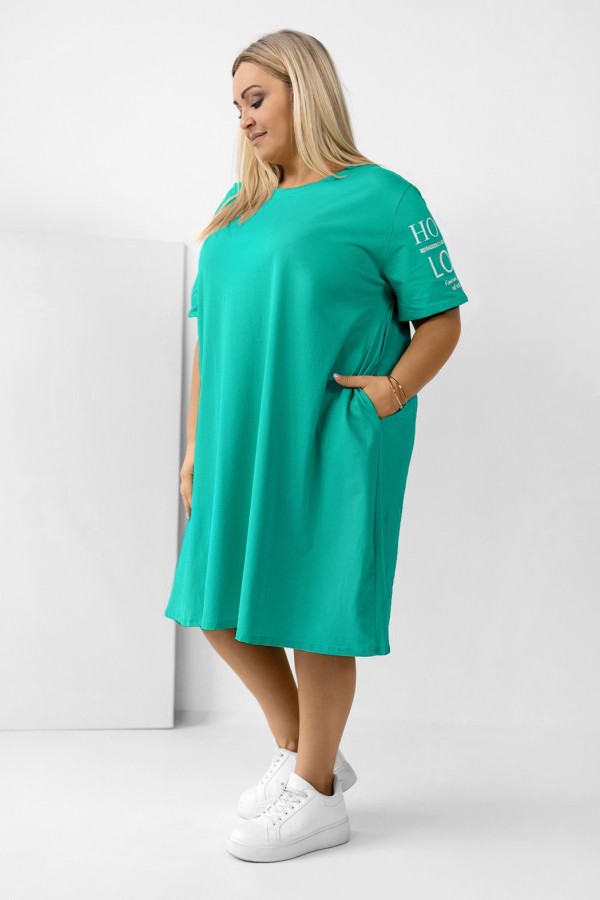 Sukienka T-shirtowa plus size w kolorze tiffany kieszenie napisy na rękawie LOPEZ 1