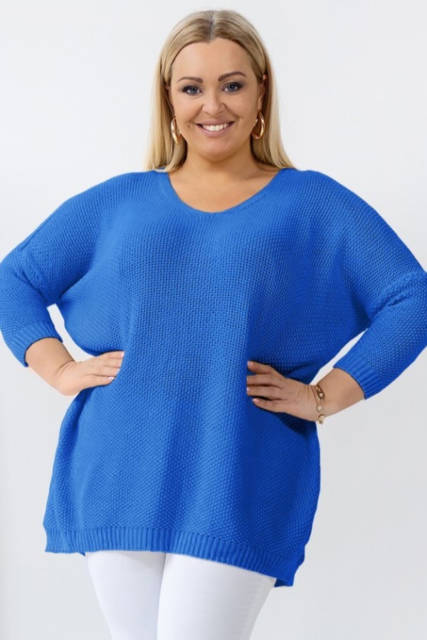 MEGA oversize sweter damski w kolorze lazurowym dekolt V wzór ryżyk LUIS 2