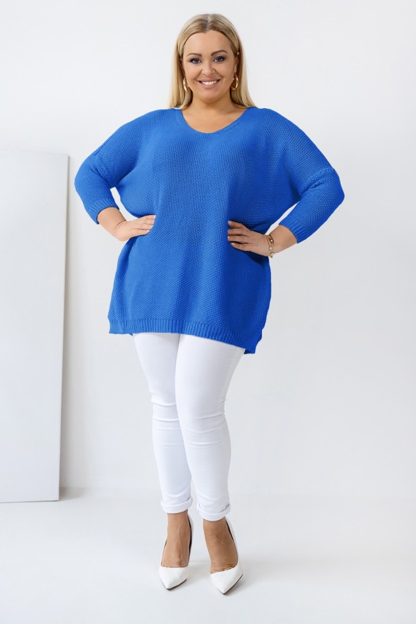 MEGA oversize sweter damski w kolorze lazurowym dekolt V wzór ryżyk LUIS 1