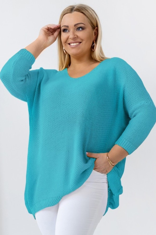 MEGA oversize sweter damski w kolorze turkusowym dekolt V wzór ryżyk LUIS 2