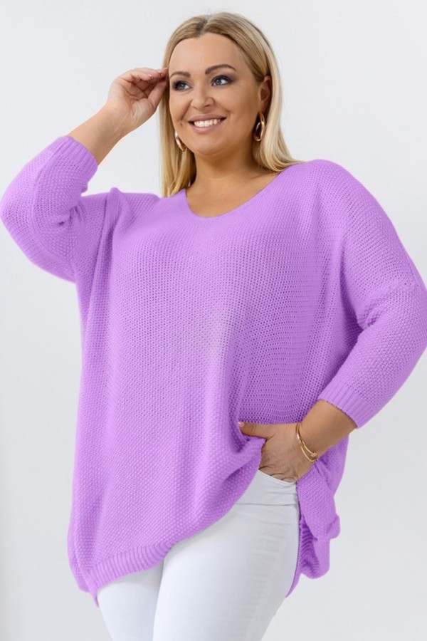 MEGA oversize sweter damski w kolorze lawendowym dekolt V wzór ryżyk LUIS 2