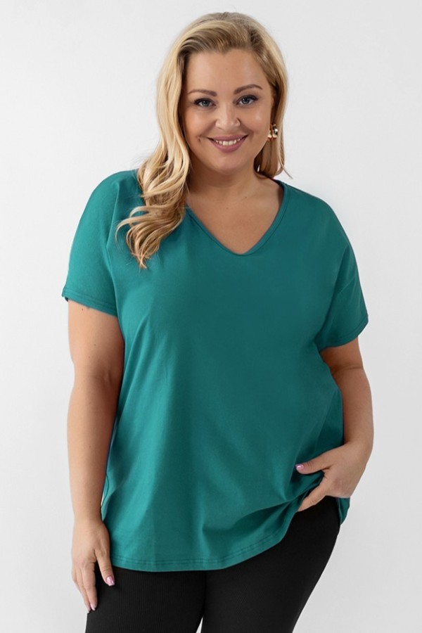 T-shirt damski plus size gładki w kolorze morskim petrol dekolt w serek V-neck FOXI