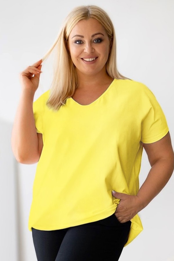 T-shirt damski plus size gładki w kolorze cytrynowym lemon dekolt w serek V-neck FOXI