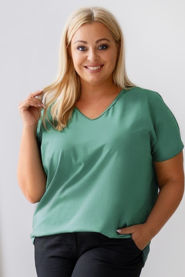 T-shirt damski plus size gładki w kolorze dark mint dekolt w serek V-neck FOXI