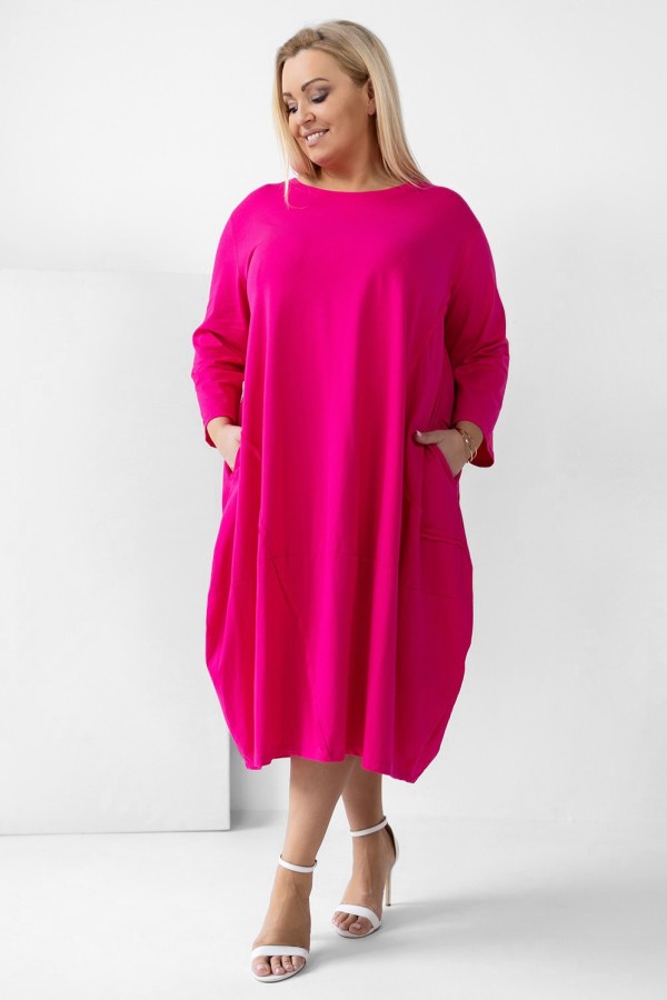 Sukienka plus size w kolorze fuksji rękaw 3/4 przeszycia kieszenie ALMENA 2