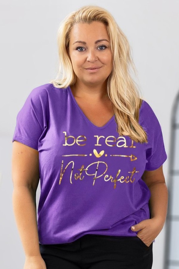 Bluzka damska T-shirt plus size w kolorze fioletowym złoty napis Be real not perfect 2