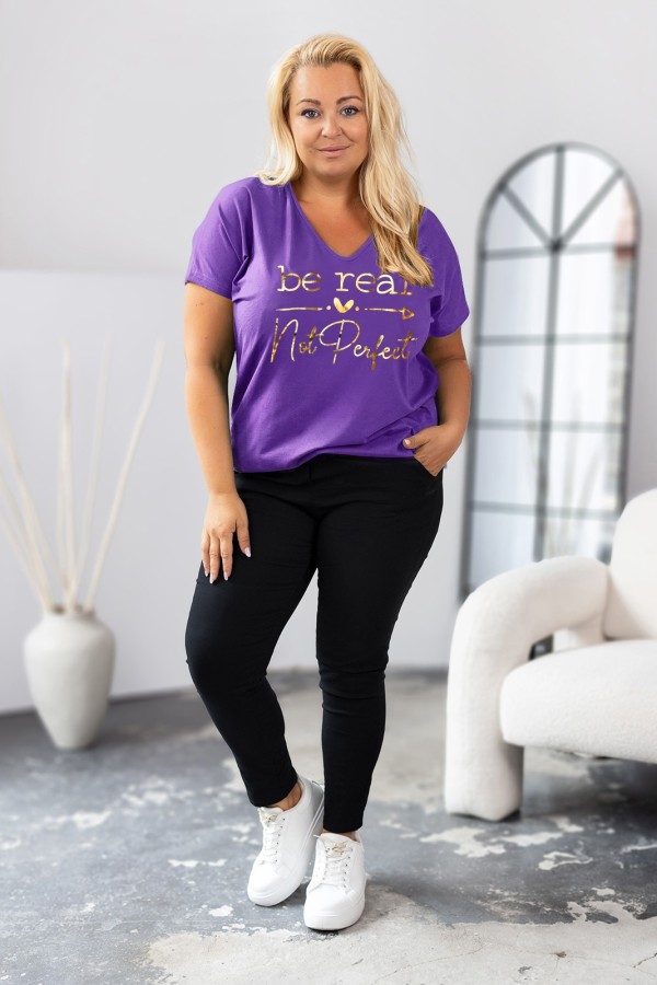 Bluzka damska T-shirt plus size w kolorze fioletowym złoty napis Be real not perfect 1