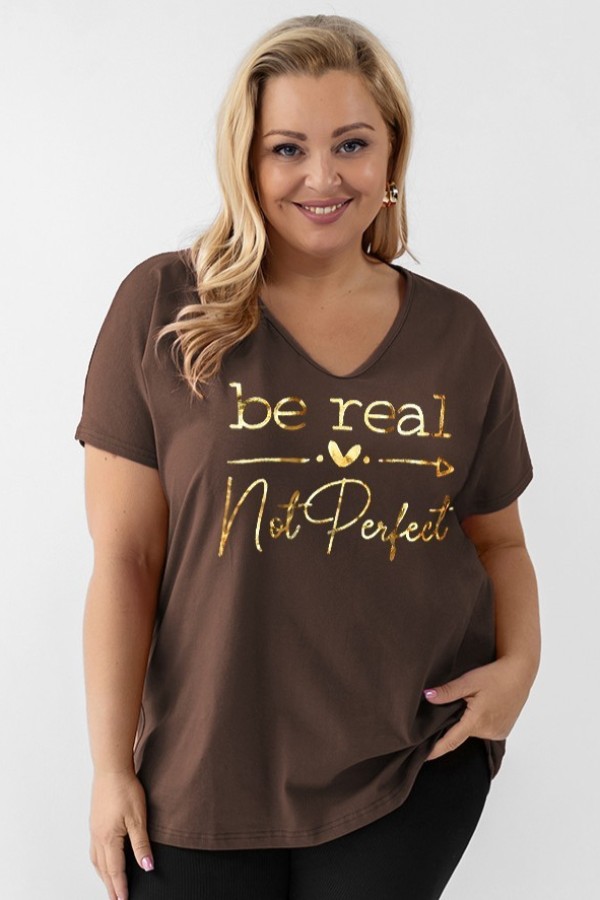 Bluzka damska T-shirt plus size w kolorze brązowym złoty napis Be real not perfect 2