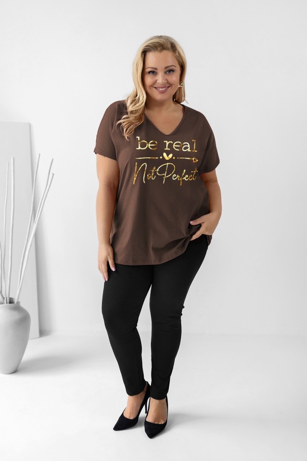Bluzka damska T-shirt plus size w kolorze brązowym złoty napis Be real not perfect 1