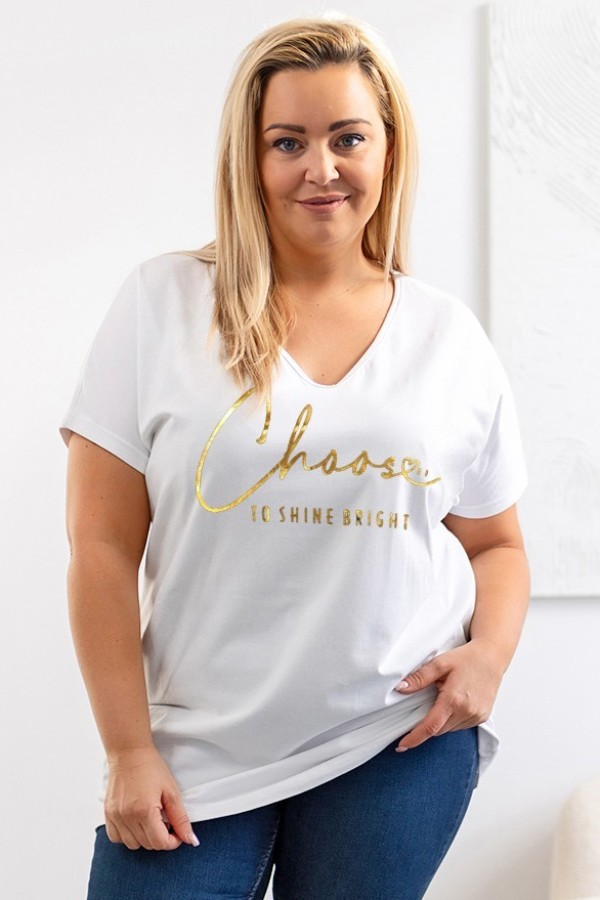 Bluzka damska T-shirt plus size w kolorze białym złoty napis Choose to shine bright 2