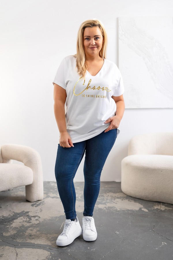 Bluzka damska T-shirt plus size w kolorze białym złoty napis Choose to shine bright 1