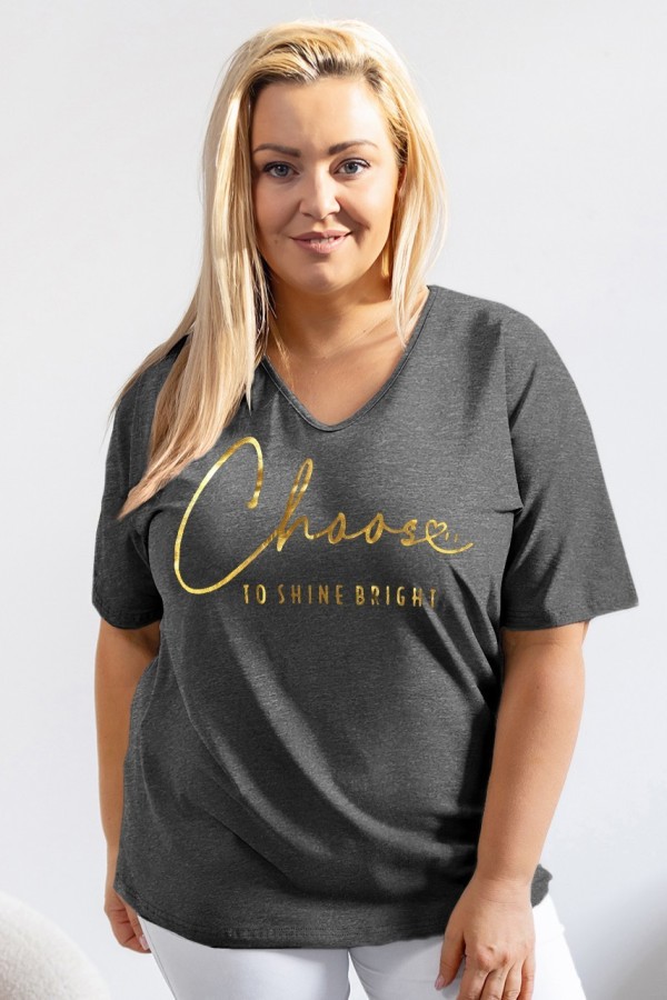 Bluzka damska T-shirt plus size w kolorze grafitowy melanż złoty napis Choose to shine bright 2