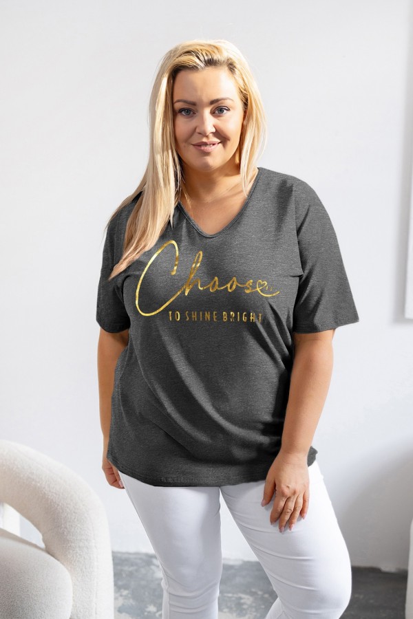 Bluzka damska T-shirt plus size w kolorze grafitowy melanż złoty napis Choose to shine bright 1
