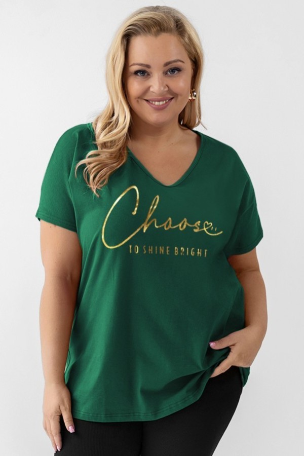 Bluzka damska T-shirt plus size w kolorze butelkowym złoty napis Choose to shine bright 2