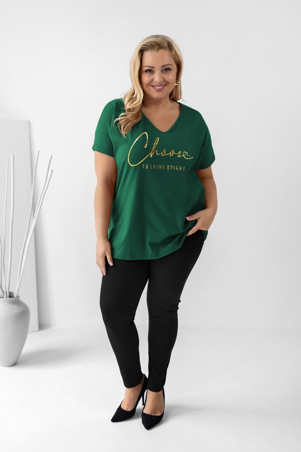 Bluzka damska T-shirt plus size w kolorze butelkowym złoty napis Choose to shine bright 1