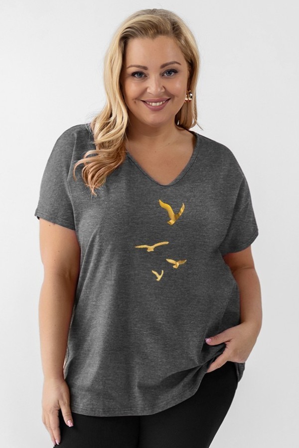 Bluzka damska T-shirt plus size w kolorze grafitowym złoty nadruk odlatujące ptaki 2