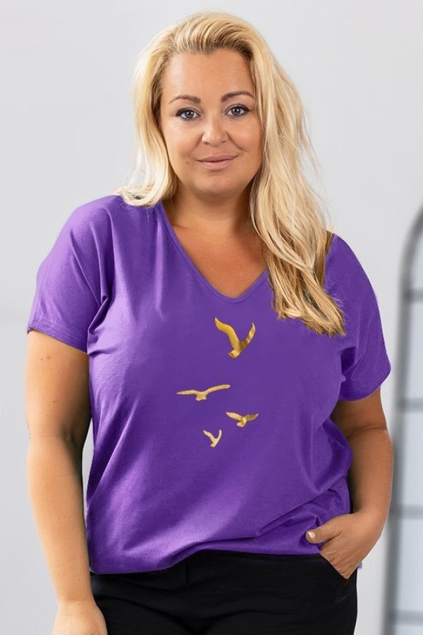 Bluzka damska T-shirt plus size w kolorze fioletowym złoty nadruk odlatujące ptaki 2