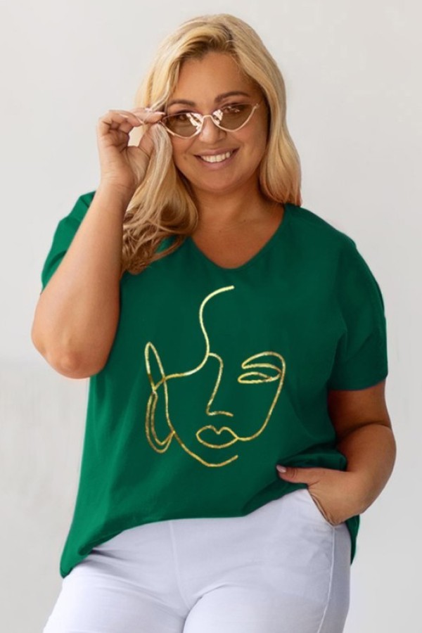 Bluzka damska T-shirt plus size w kolorze butelki złoty nadruk twarz kobiety 2