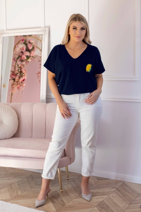 T-shirt damski plus size w kolorze granatowym dekolt w serek V-neck cytryna LEMON 1