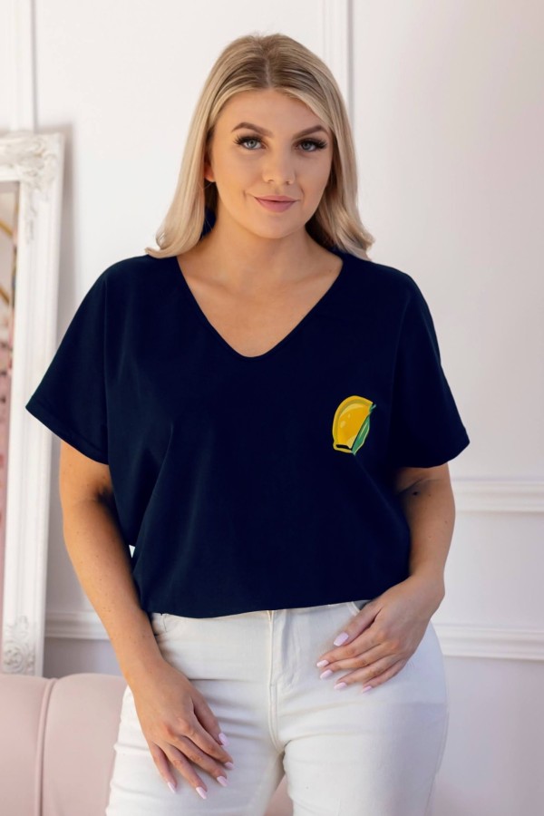 T-shirt damski plus size w kolorze granatowym dekolt w serek V-neck cytryna LEMON 2