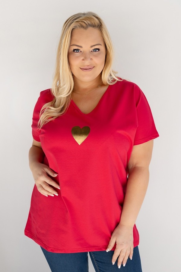 T-shirt damski plus size w kolorze malinowym dekolt w serek złoty nadruk serce HERIN 2
