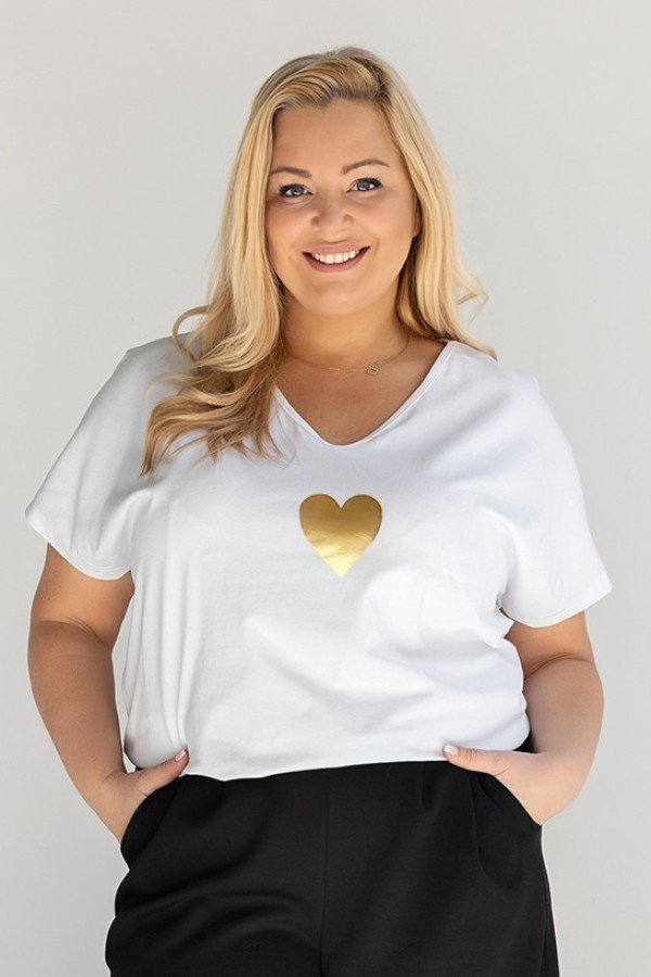T-shirt damski plus size w kolorze białym dekolt w serek złoty nadruk serce HERIN 2